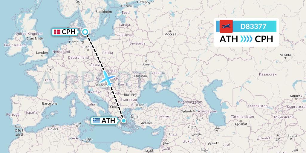 D83377 Norwegian Air International Flight Map: Athens to Copenhagen
