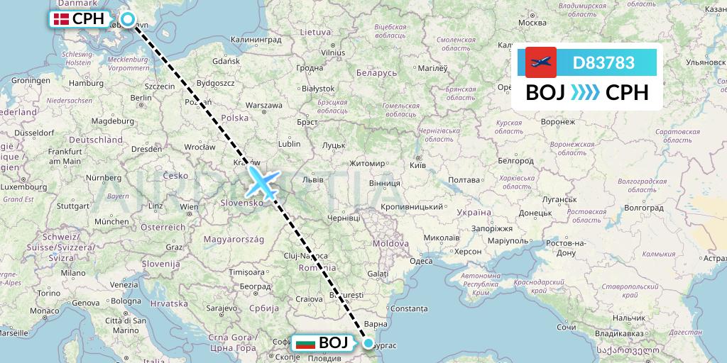 D83783 Norwegian Air International Flight Map: Burgas to Copenhagen