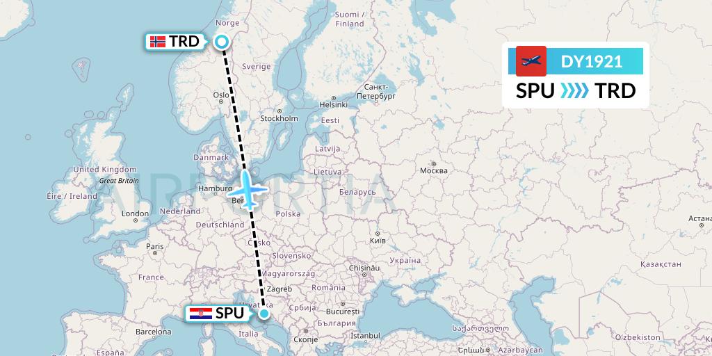 DY1921 Norwegian Flight Map: Split to Trondheim