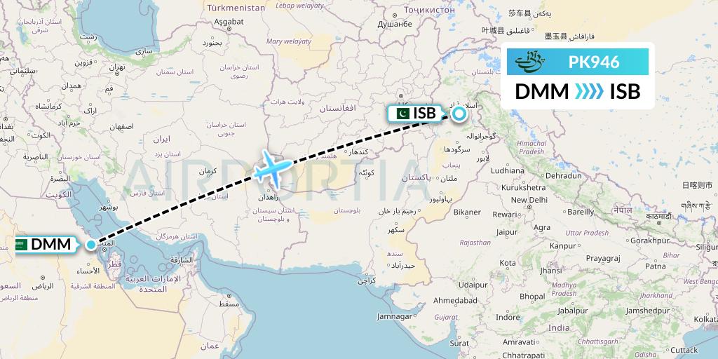 PK946 Pakistan International Airlines Flight Map: Dammam to Islamabad