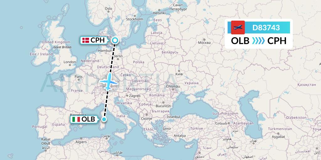 D83743 Norwegian Air International Flight Map: Olbia to Copenhagen
