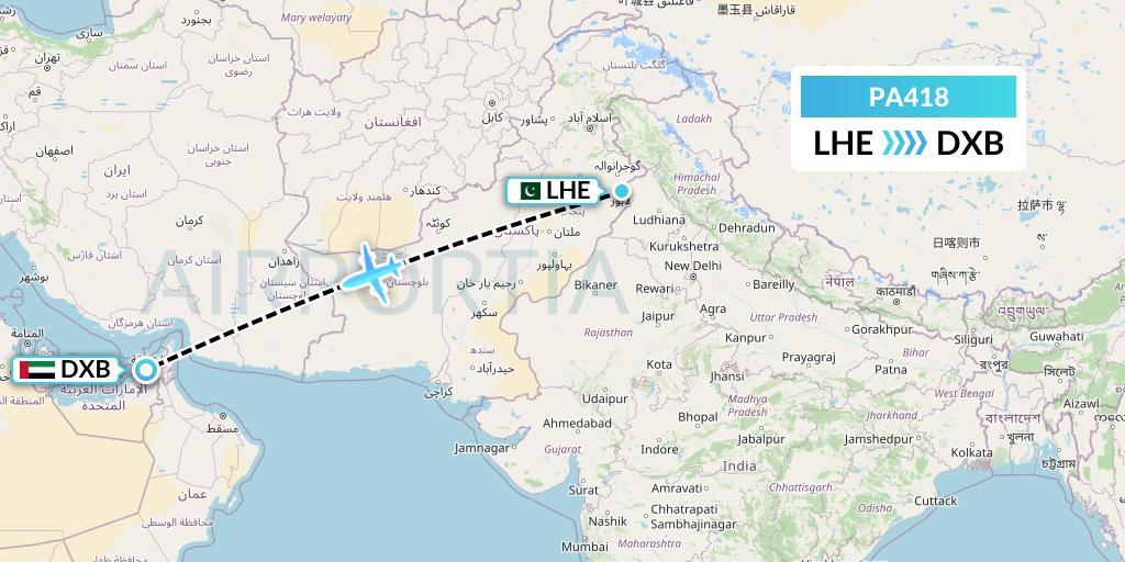 PA418 AirBlue Flight Map: Lahore to Dubai