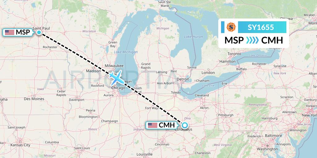 SY1655 Sun Country Airlines Flight Map: Minneapolis to Columbus