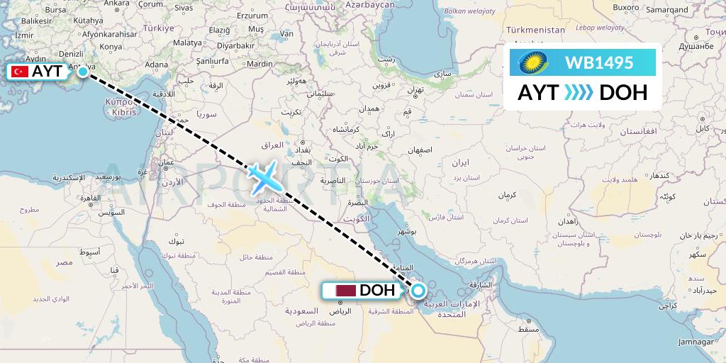 WB1495 RwandAir Flight Map: Antalya to Doha