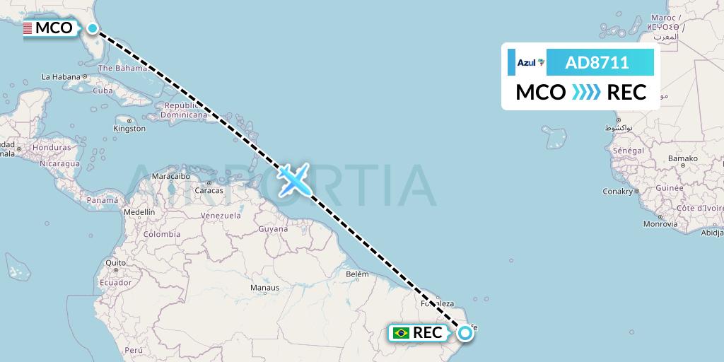 AD8711 Azul Brazilian Airlines Flight Map: Orlando to Recife