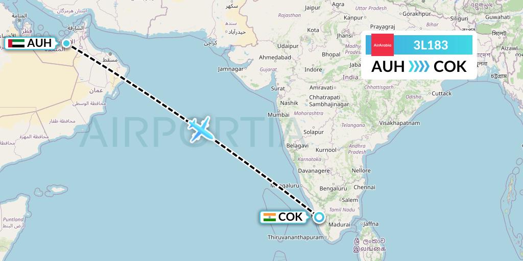 3L183 Air Arabia Abu Dhabi Flight Map: Abu Dhabi to Cochin