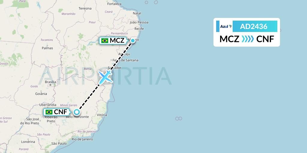 AD2436 Azul Brazilian Airlines Flight Map: Maceio to Belo Horizonte