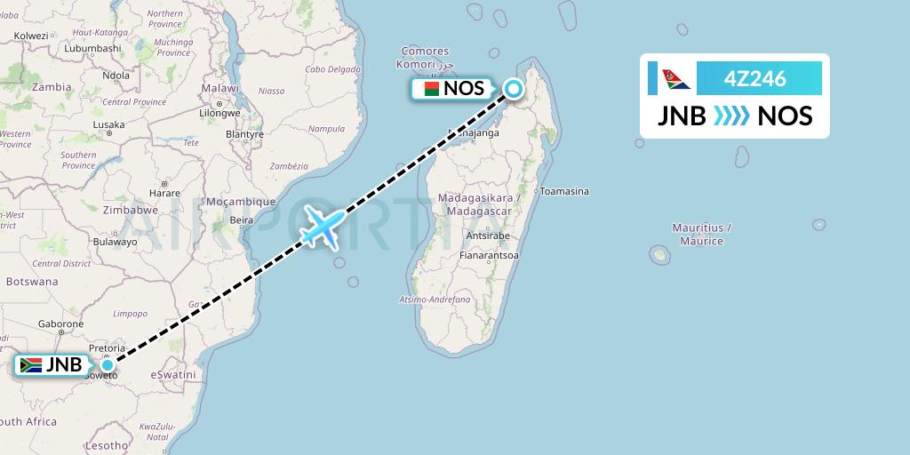 4Z246 Airlink Flight Map: Johannesburg to Nosy Be