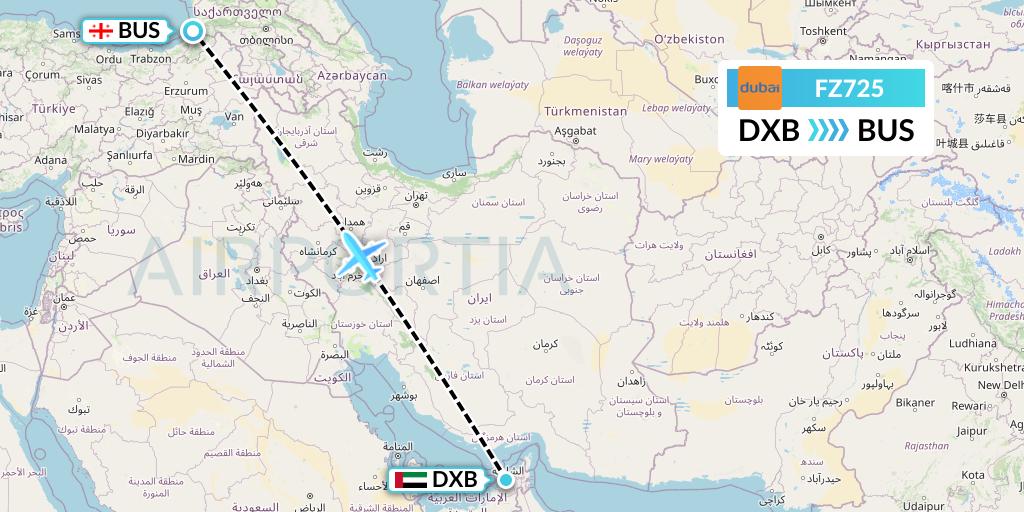 FZ725 FlyDubai Flight Map: Dubai to Batumi