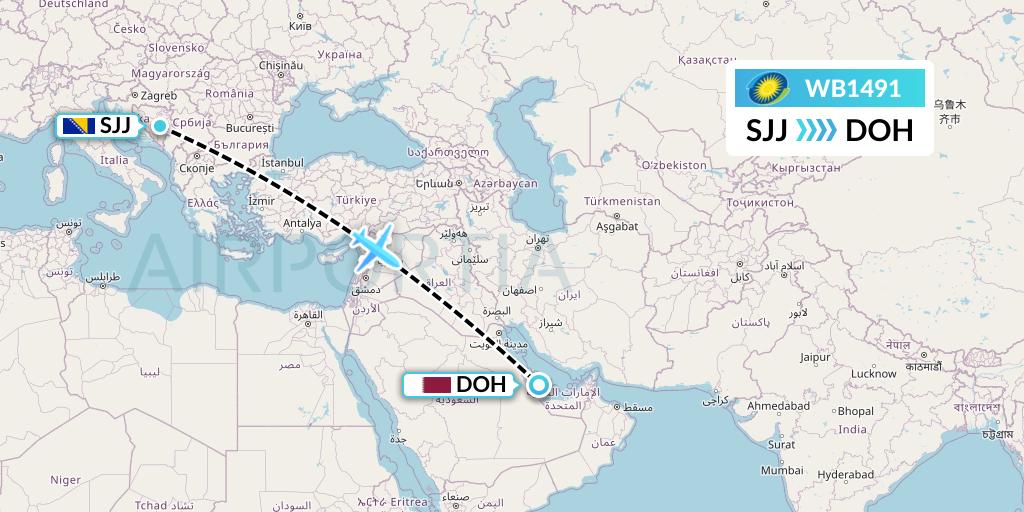 WB1491 RwandAir Flight Map: Sarajevo to Doha
