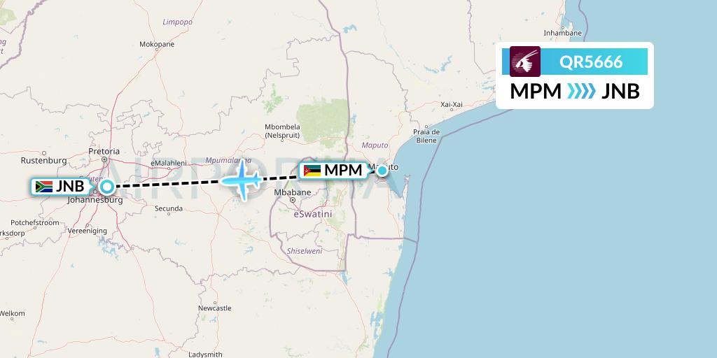 QR5666 Qatar Airways Flight Map: Maputo to Johannesburg