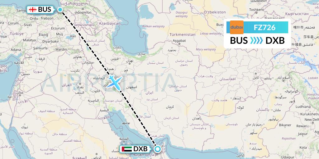 FZ726 FlyDubai Flight Map: Batumi to Dubai