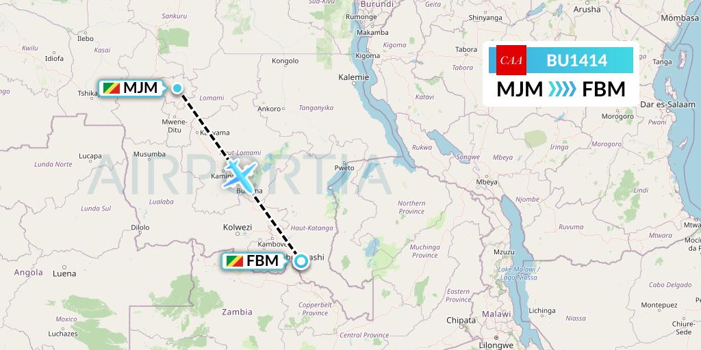 BU1414 flyCAA Flight Map: Mbuji Mayi to Lubumbashi