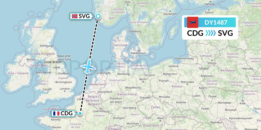 DY1487 Norwegian Flight Map: Paris to Stavanger