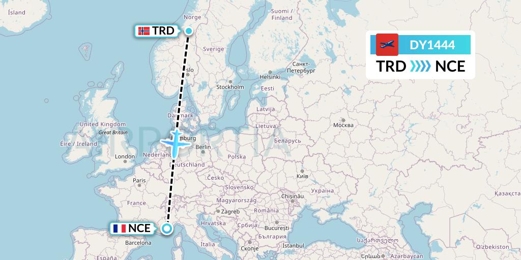 DY1444 Norwegian Flight Map: Trondheim to Nice