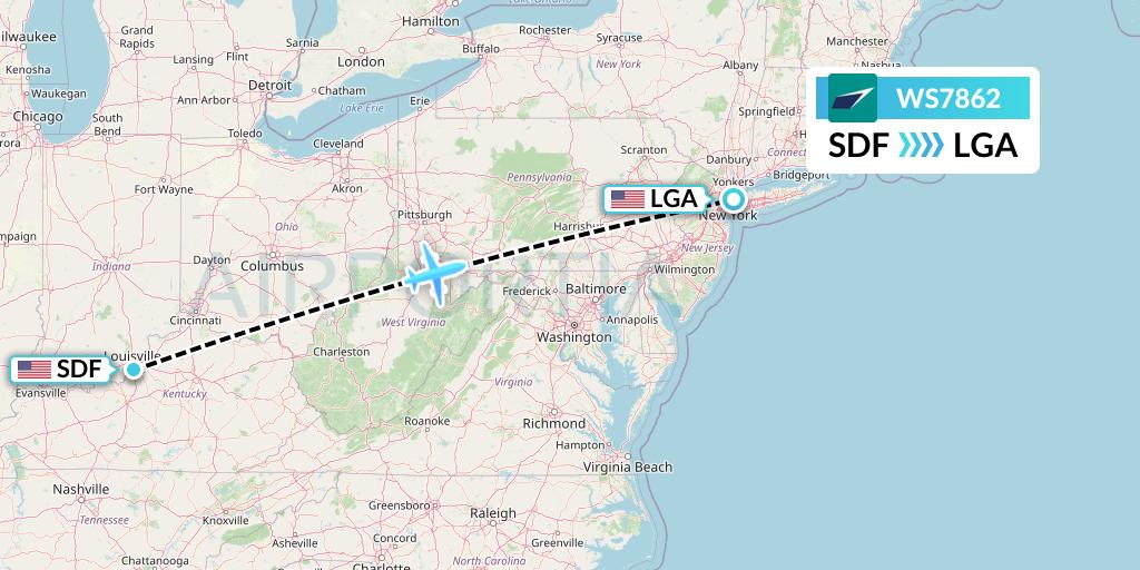 WS7862 WestJet Flight Map: Louisville to New York