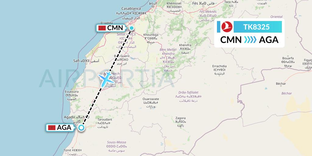 TK8325 Turkish Airlines Flight Map: Casablanca to Agadir