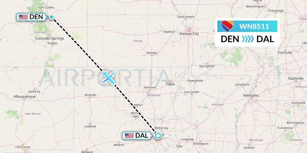 WN8511 Southwest Airlines Flight Map: Denver to Dallas