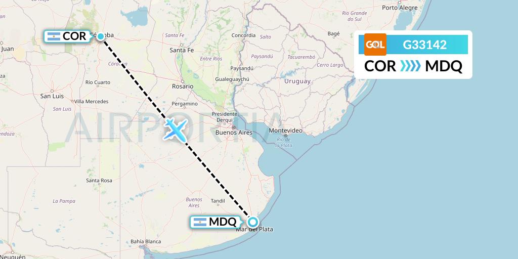 G33142 GOL Transportes Aeros Flight Map: Cordoba to Mar del Plata