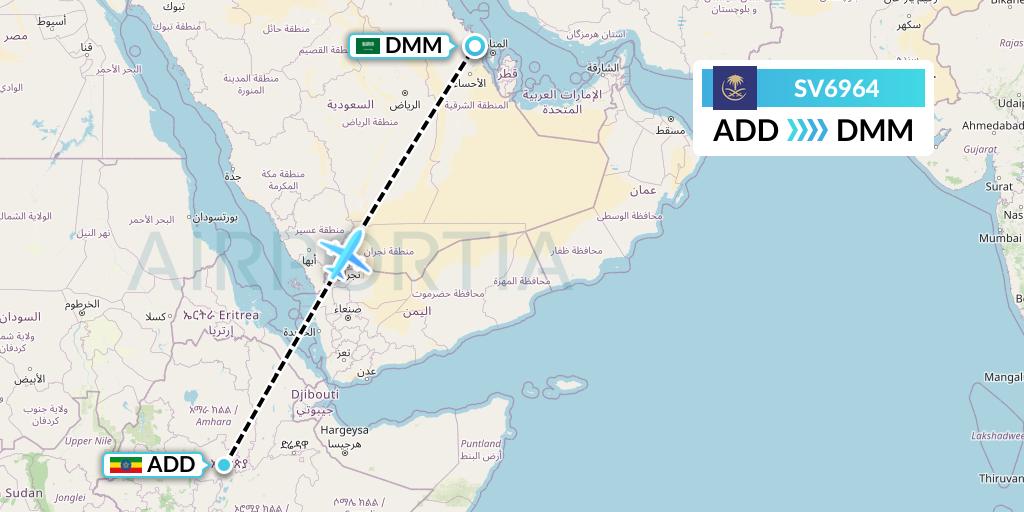 SV6964 Saudi Arabian Airlines Flight Map: Addis Ababa to Dammam