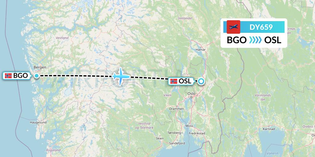 DY659 Norwegian Flight Map: Bergen to Oslo