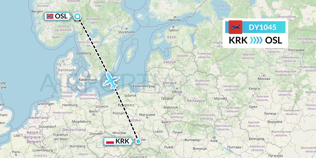 DY1045 Norwegian Flight Map: Krakow to Oslo