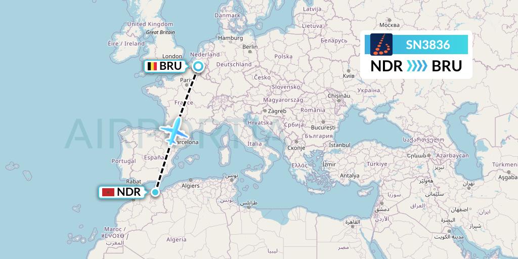SN3836 Brussels Airlines Flight Map: Nador to Brussels