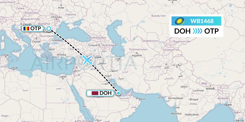 WB1468 RwandAir Flight Map: Doha to Bucharest