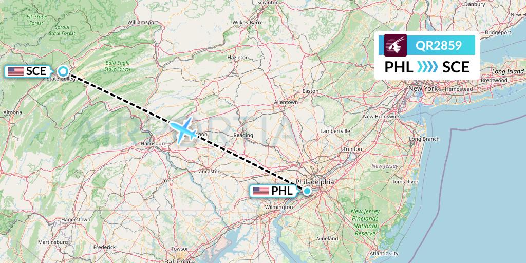 QR2859 Qatar Airways Flight Map: Philadelphia to State College