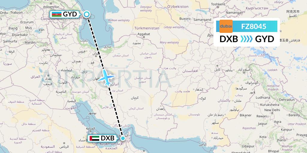 FZ8045 FlyDubai Flight Map: Dubai to Baku