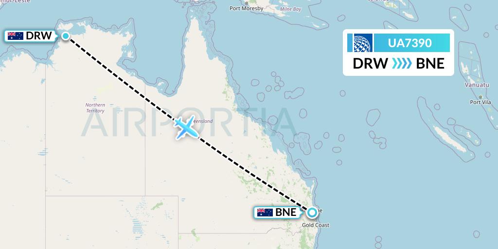 UA7390 United Airlines Flight Map: Darwin to Brisbane