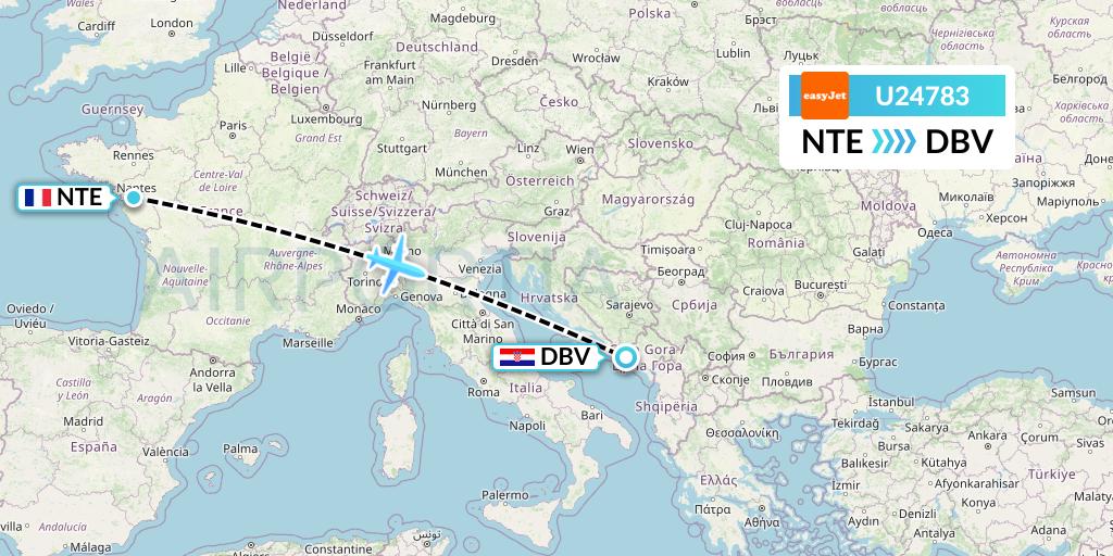 U24783 EasyJet Flight Map: Nantes to Dubrovnik