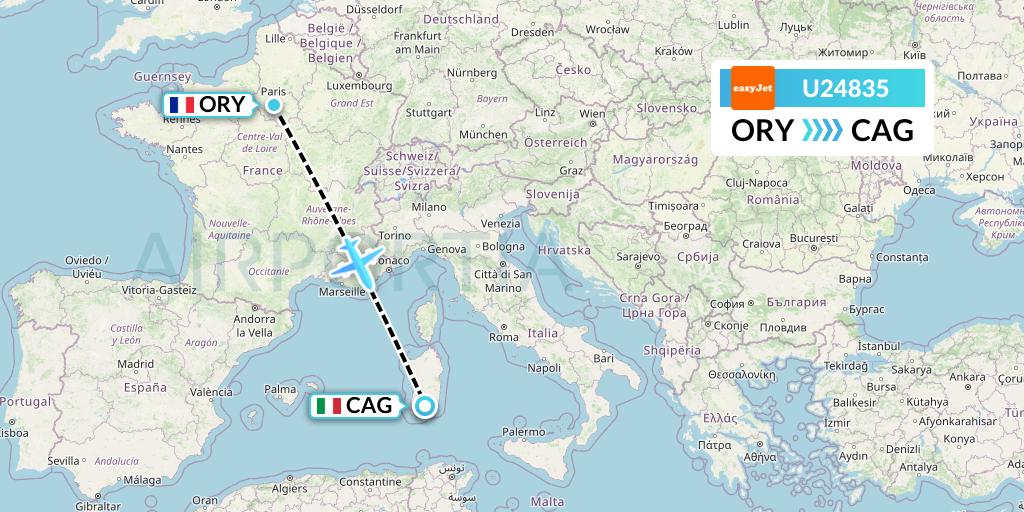 U24835 EasyJet Flight Map: Paris to Cagliari