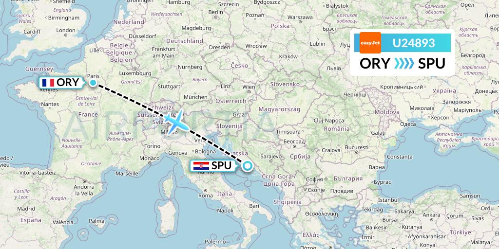 U24893 EasyJet Flight Map: Paris to Split