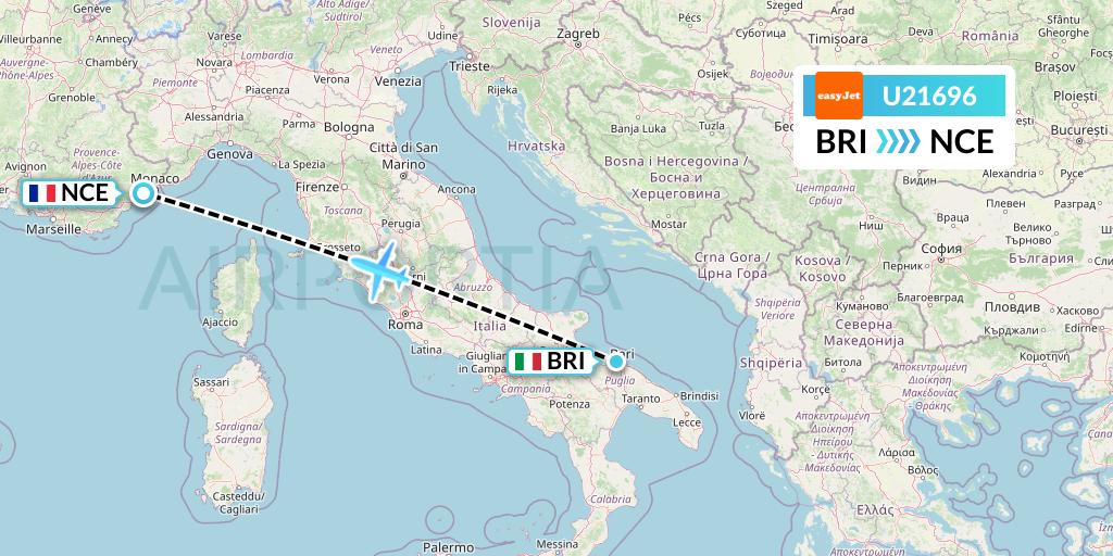 U21696 EasyJet Flight Map: Bari to Nice