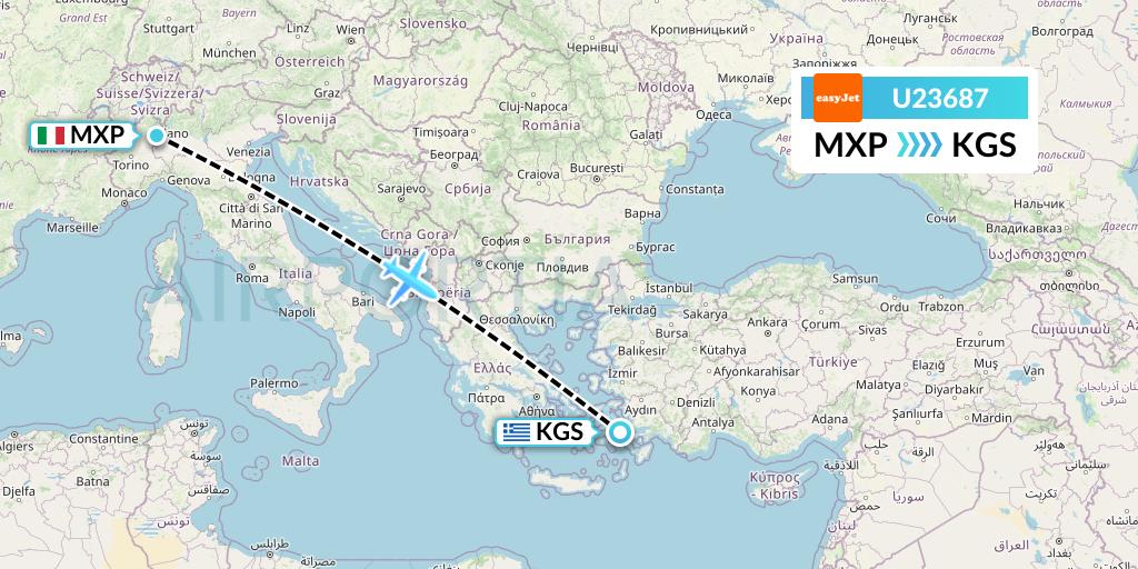 U23687 EasyJet Flight Map: Milan to Kos