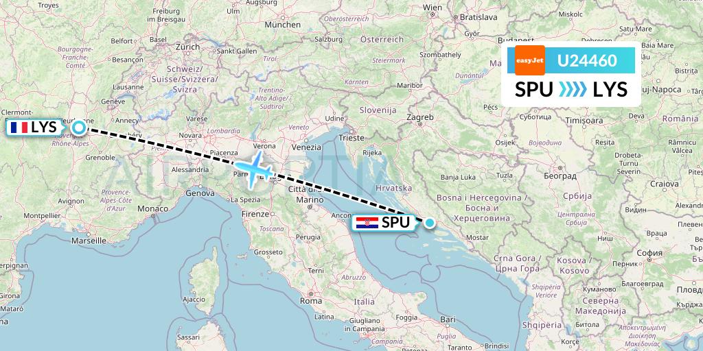 U24460 EasyJet Flight Map: Split to Lyon