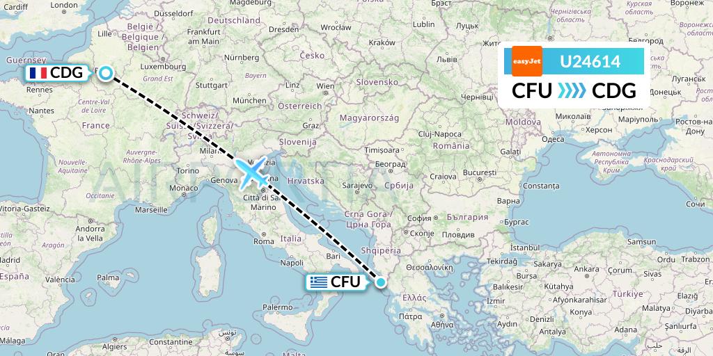 U24614 EasyJet Flight Map: Corfu to Paris