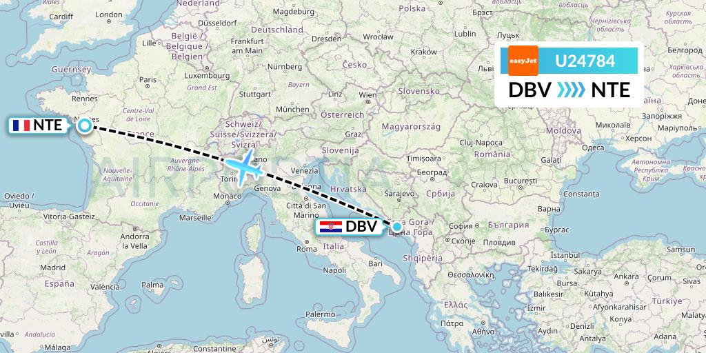 U24784 EasyJet Flight Map: Dubrovnik to Nantes
