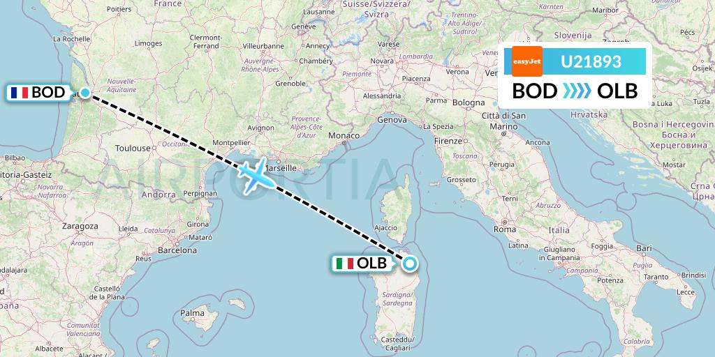 U21893 EasyJet Flight Map: Bordeaux to Olbia