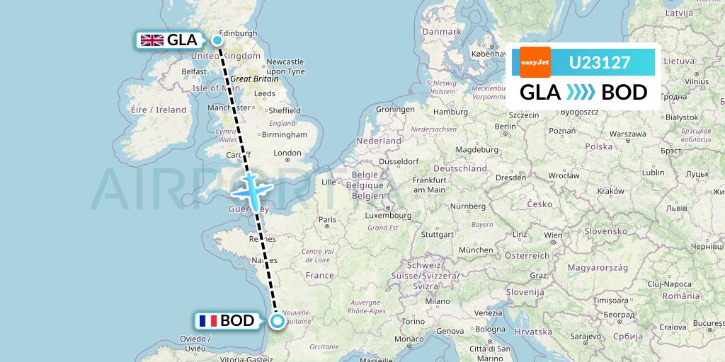 U23127 EasyJet Flight Map: Glasgow to Bordeaux