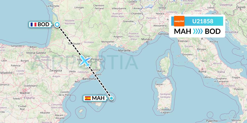 U21858 EasyJet Flight Map: Mahon to Bordeaux