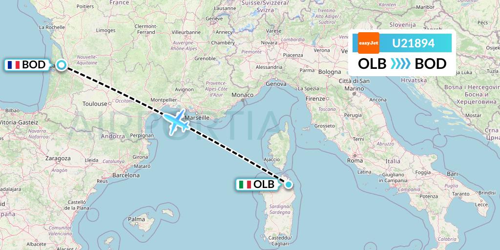 U21894 EasyJet Flight Map: Olbia to Bordeaux