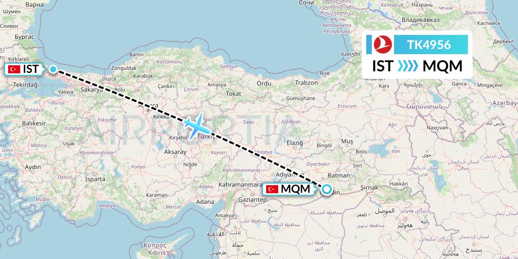 TK4956 Turkish Airlines Flight Map: Istanbul to Mardin