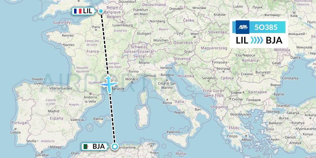 5O385 ASL Airlines France Flight Map: Lille to Bejaia