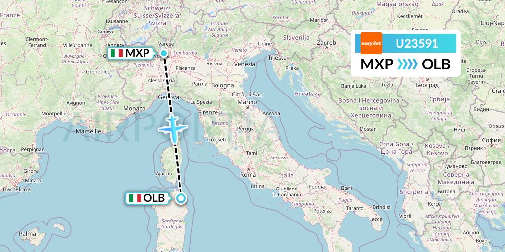 U23591 EasyJet Flight Map: Milan to Olbia