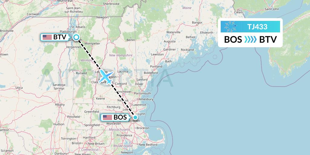 TJ433 Tradewind Aviation Flight Map: Boston to Burlington