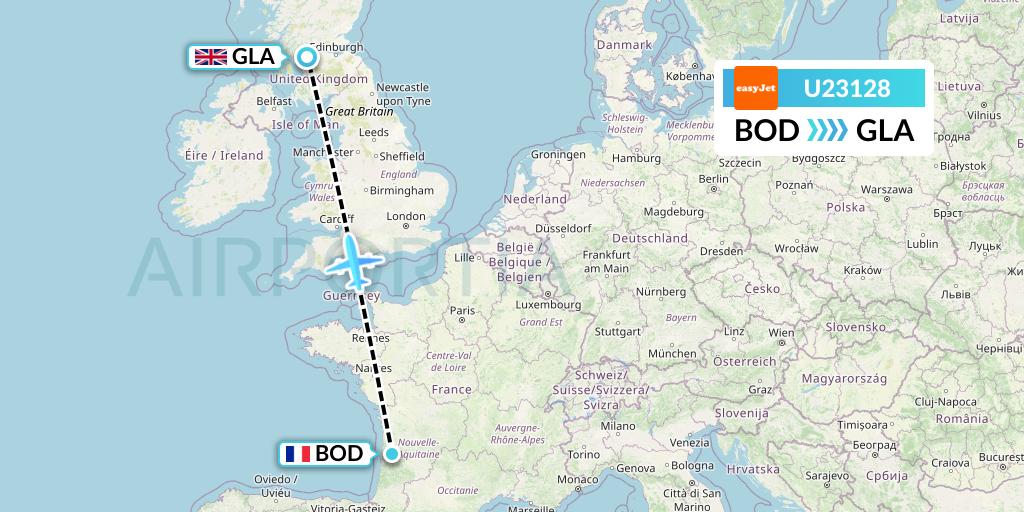 U23128 EasyJet Flight Map: Bordeaux to Glasgow