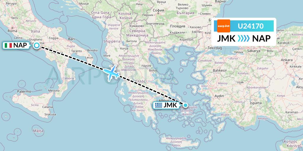 U24170 EasyJet Flight Map: Mykonos to Naples