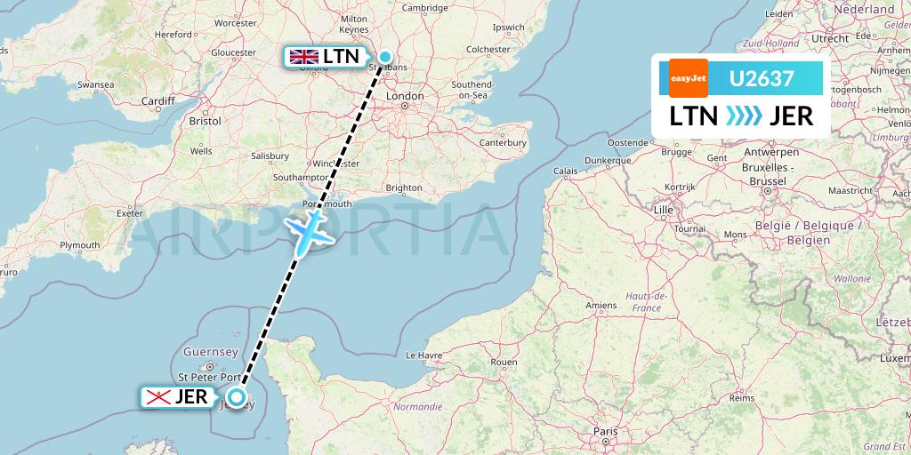 U2637 EasyJet Flight Map: London to Jersey